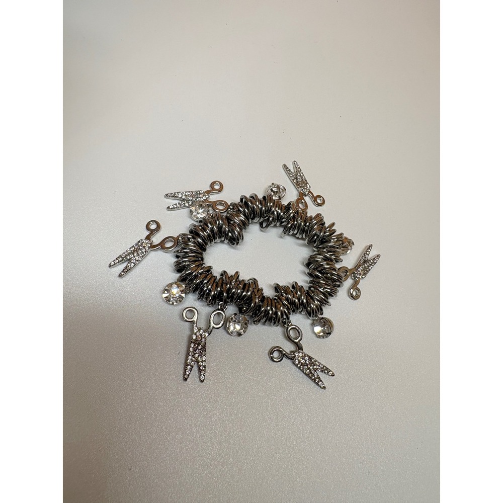 Silver Coil Stretch Bracelet Rhinestone Scissor & Crystal Charms Stylist